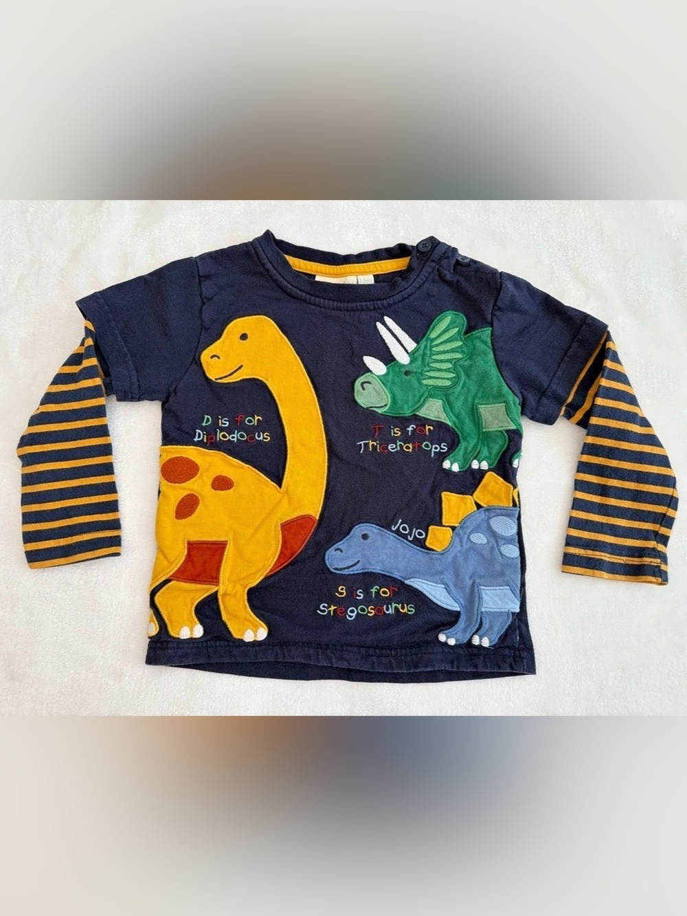 Jojo Maman Bébé Dinosaur Appliqué Long Sleeve Top Blue & Yellow (size 2-3 years)